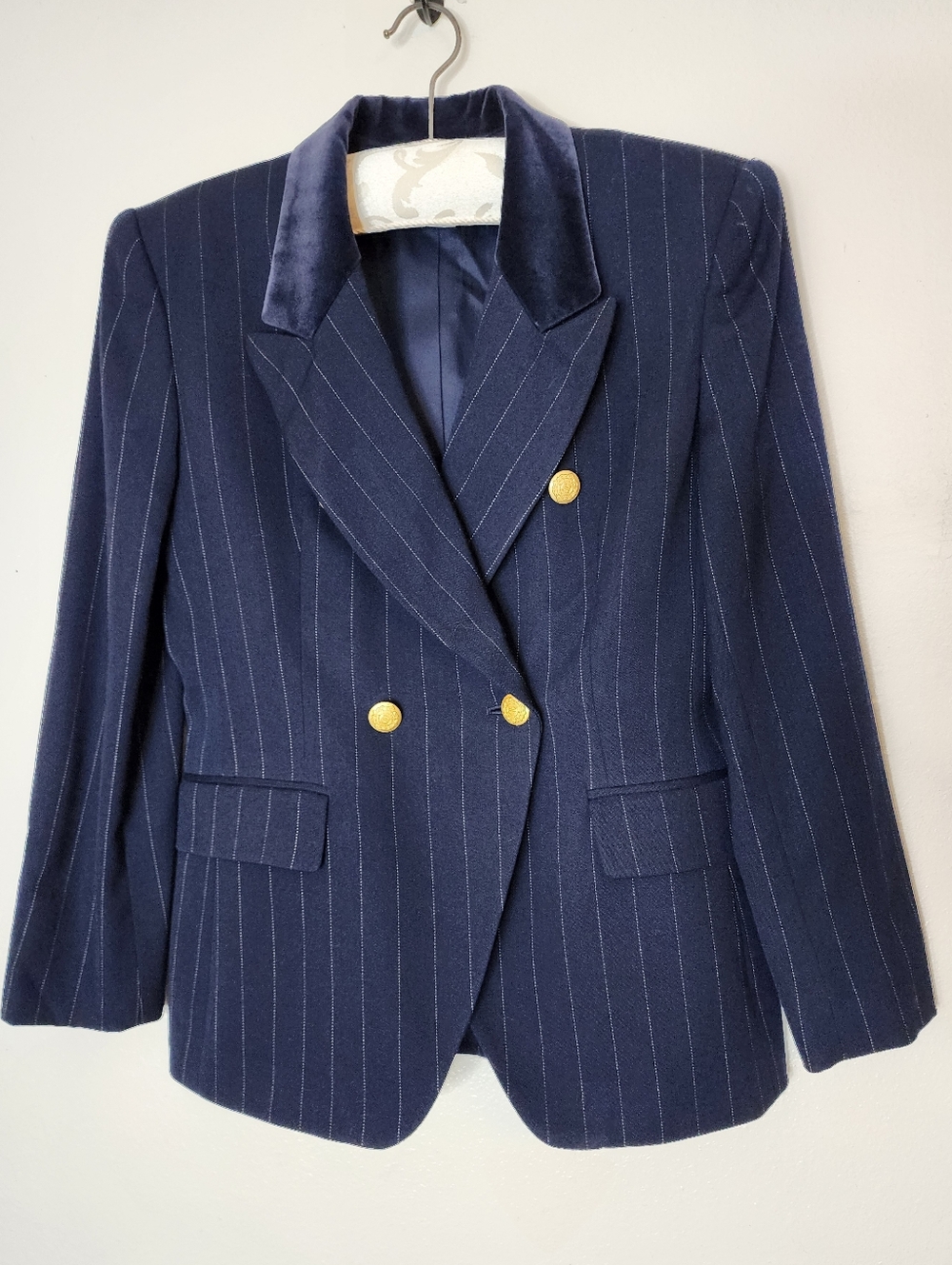 Jones New York Blazer Dsrk Blue Pinstripe Tailored Tuxedo Military Jacket Office - Picture 12 of 16